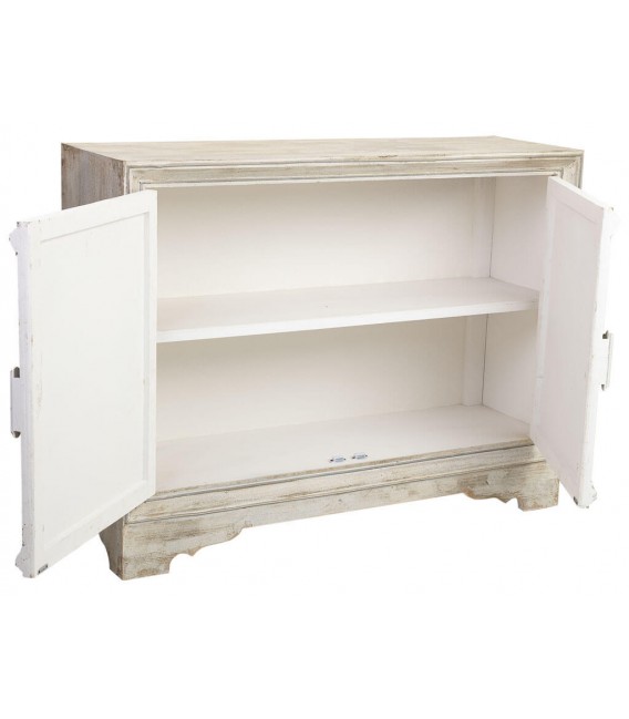 Aparador pequeño madera pino tallado decapado en color blanco y verde mdmhogar