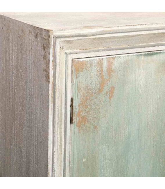 Aparador pequeño madera pino tallado decapado en color blanco y verde mdmhogar