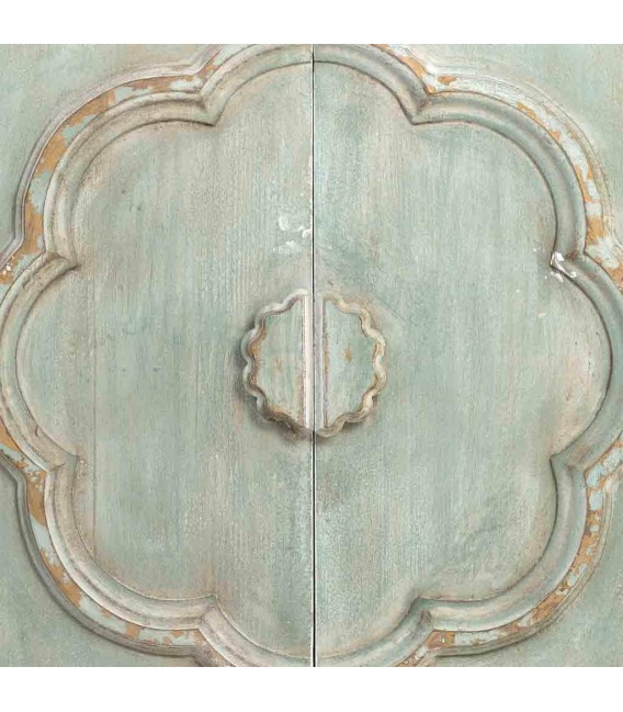 Aparador pequeño madera pino tallado decapado en color blanco y verde mdmhogar