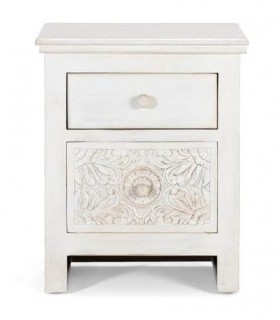 Mesita de noche 2 cajones madera tallada acabado blanco rozado mdmhogar
