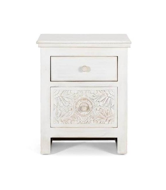 Mesita de noche 2 cajones madera tallada acabado blanco rozado mdmhogar