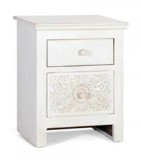 Mesita de noche 2 cajones madera tallada acabado blanco rozado mdmhogar