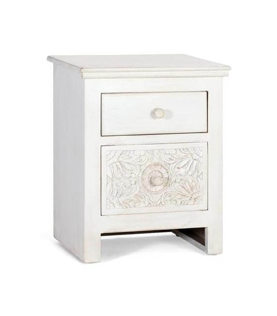 Mesita de noche 2 cajones madera tallada acabado blanco rozado mdmhogar