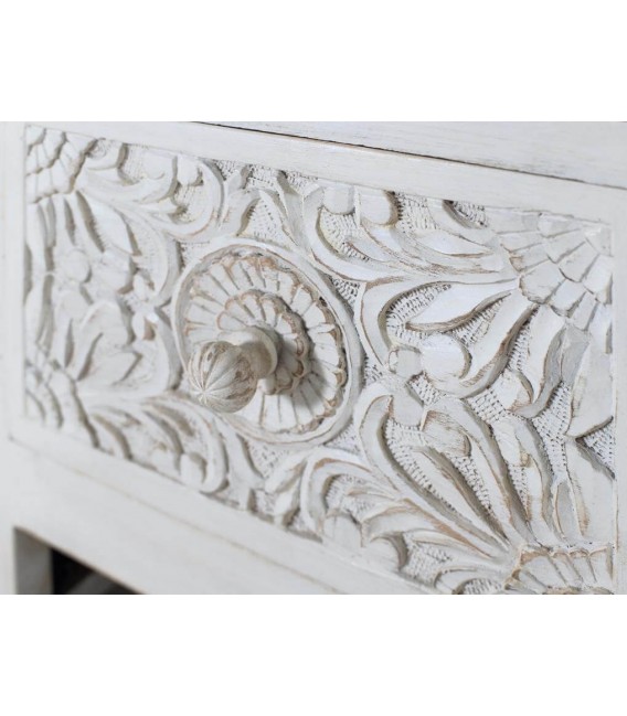 Mesita de noche 2 cajones madera tallada acabado blanco rozado mdmhogar