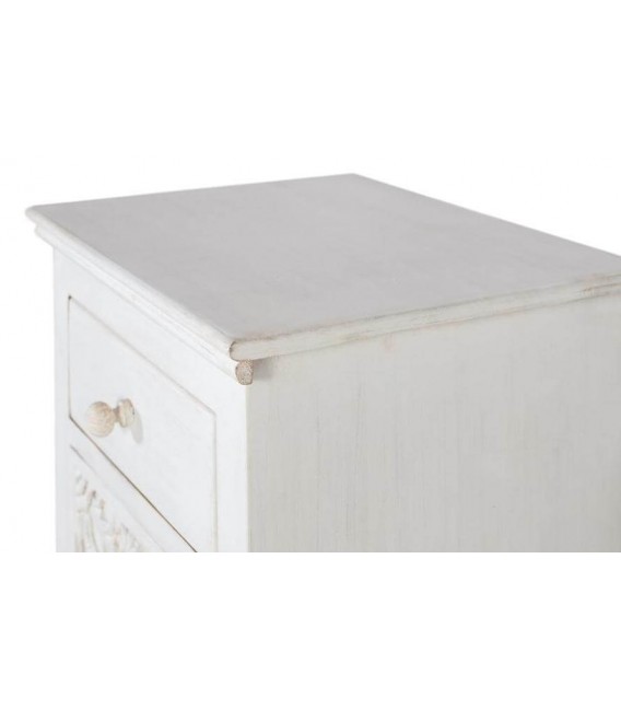 Mesita de noche 2 cajones madera tallada acabado blanco rozado mdmhogar