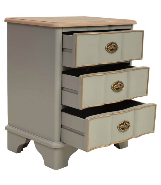 Mesita de noche madera natural laca verde cajones perfilados en oro mdmhogar