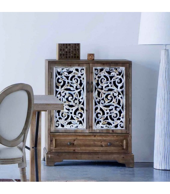 Armario bajo abeto puertas talladas a mano acabado blanco decapado mdmhogar