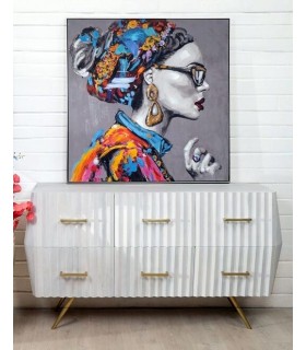 Cómoda grande original madera de mango blanqueada y metal dorado mdmhogar