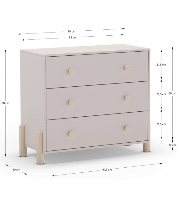 Cómoda color topo y madera de pino natural con 3 cajones mdmhogar