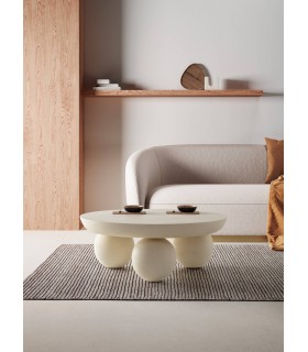 Mesa de centro redonda madera de mango y cemento color crema mdmhogar