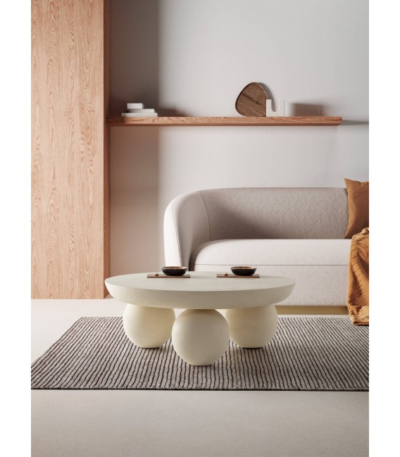 Mesa de centro redonda madera de mango y cemento color crema mdmhogar