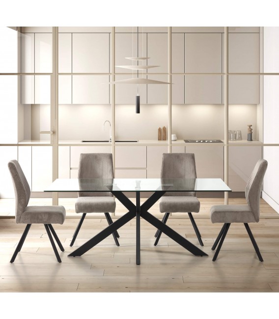 Mesa de comedor rectangular grande metal negro y cristal templado