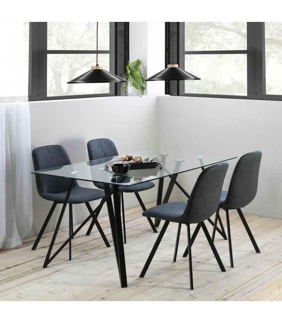 Mesa de comedor rectangular metal negro y cristal templado mdmhogar