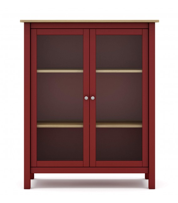 Vitrina baja en madera pino lacado en rojo detalles madera natural