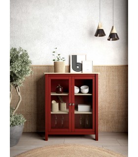 Vitrina baja en madera pino lacado en rojo detalles madera natural