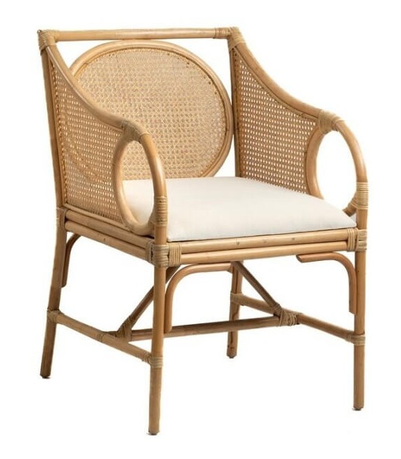 Sillón comedor cómodo ratán natural cojín de asiento blanco mdmhogar