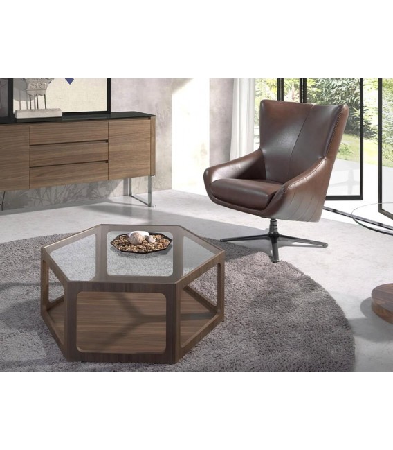 MESA DE CENTRO 90 X 80 X 34 HEXAGONO MADERA NOGAL