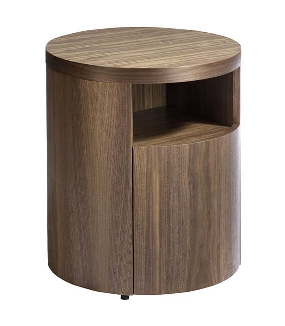 Mesita de noche redonda madera recubierta de chapa de nogal natural. mdmhogar