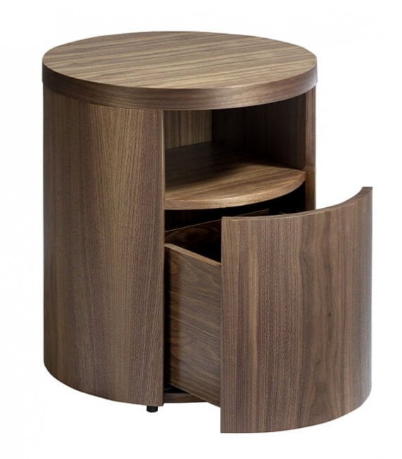 Mesita de noche redonda madera recubierta de chapa de nogal natural. mdmhogar