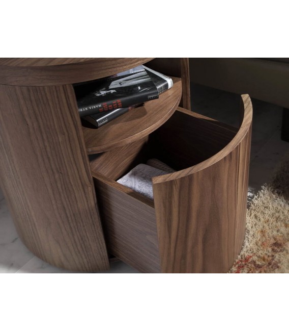 Mesita de noche redonda madera recubierta de chapa de nogal natural. mdmhogar