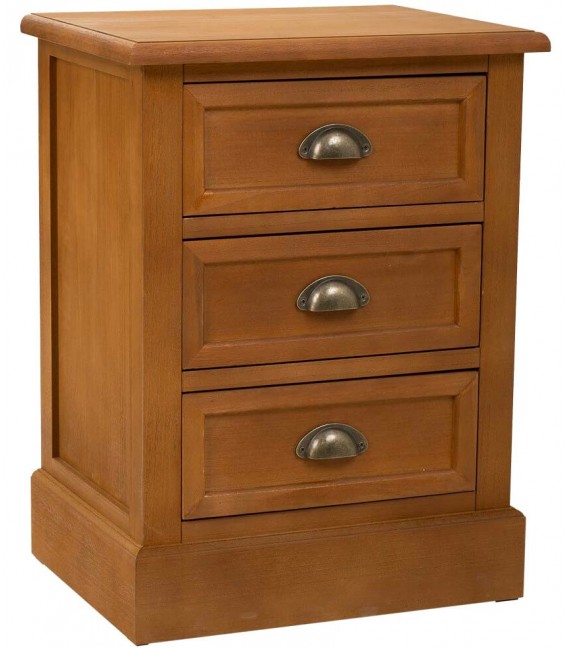 Mesita de noche madera teñida color cerezo con 3 cajones mdmhogar