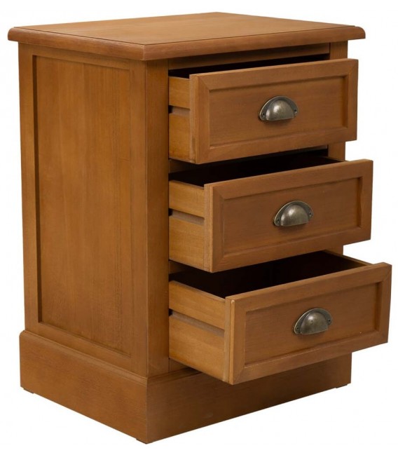 Mesita de noche madera teñida color cerezo con 3 cajones mdmhogar