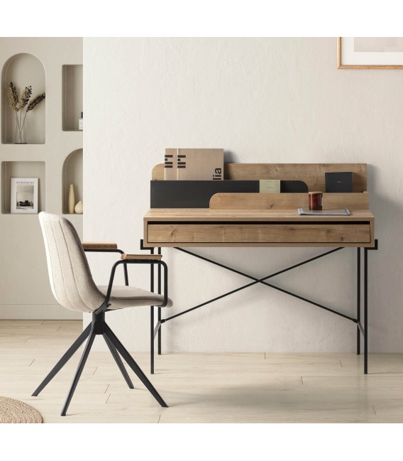 Mesa escritorio melamina imitación roble natural y metal negro mdmhogar