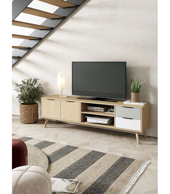 Mueble de Tv grande madera de pino combinado con gris y blanco mdmhogar