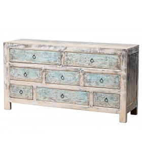 Cómoda grande madera maciza de pino natural decapada en azul mdmhogar