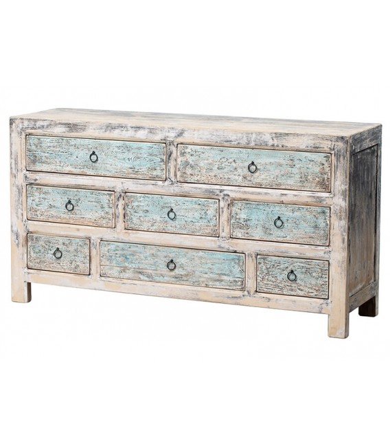 Cómoda grande madera maciza de pino natural decapada en azul mdmhogar