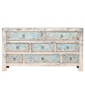 Cómoda grande madera maciza de pino natural decapada en azul mdmhogar