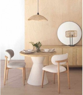 Silla de comedor cómoda madera de roble natural tela chenilla blanca mdmhogar