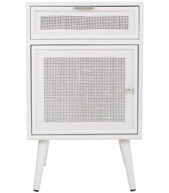 Mesita de noche madera y ratán teñidos en color blanco mdmhogar