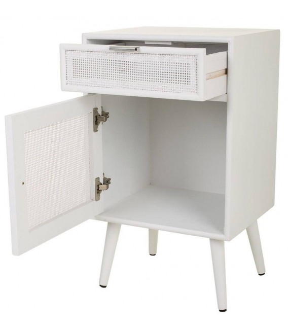 Mesita de noche madera y ratán teñidos en color blanco mdmhogar