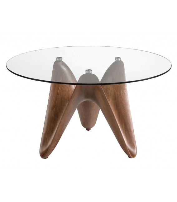 Mesa comedor redonda de cristal templado pie de madera nogal mdmhogar