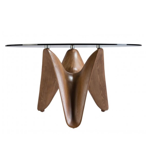 Mesa comedor redonda de cristal templado pie de madera nogal mdmhogar