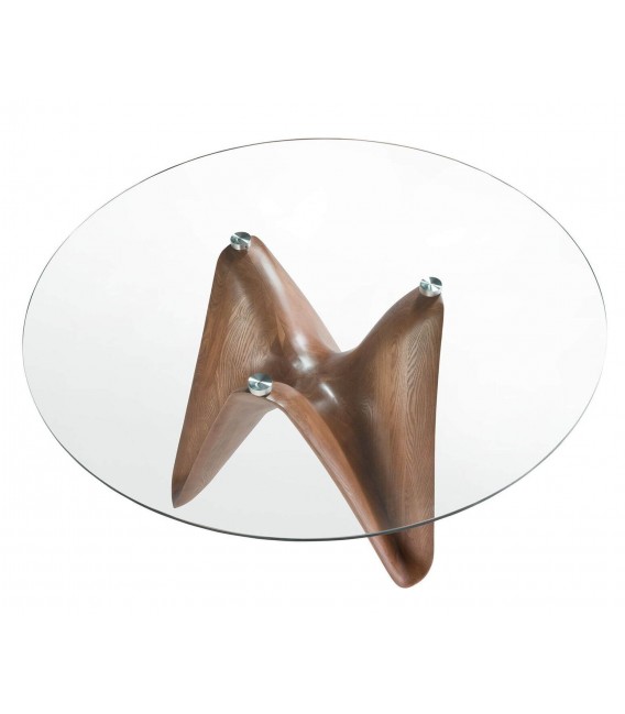 Mesa comedor redonda de cristal templado pie de madera nogal mdmhogar