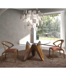 Mesa comedor redonda de cristal templado pie de madera nogal mdmhogar