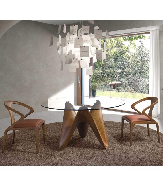 Mesa comedor redonda de cristal templado pie de madera nogal mdmhogar