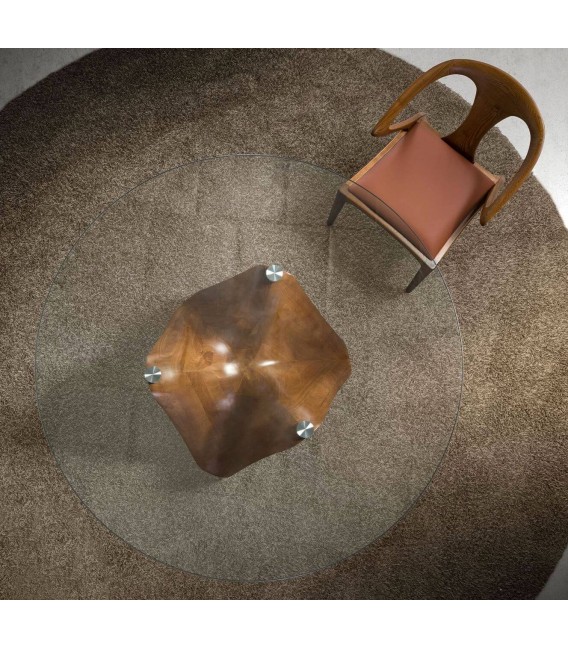 Mesa comedor redonda de cristal templado pie de madera nogal mdmhogar