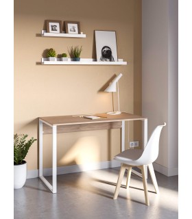 Mesa escritorio melamina imitación roble natural y metal blanco mdmhogar