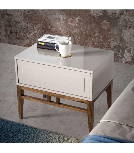 Mesita de noche 1 cajón de diseño moderno beige y nogal mdmhogar