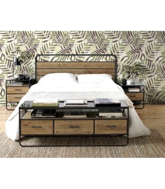 Cabecero matrimonio madera natural de abeto y metal negro mdmhogar