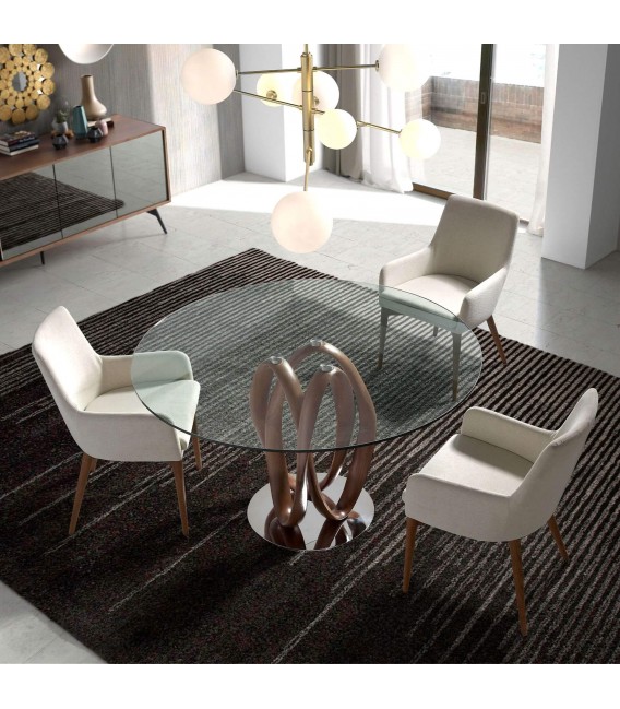 Mesa comedor redonda pie en nogal con tapa  de cristal templado mdmhogar