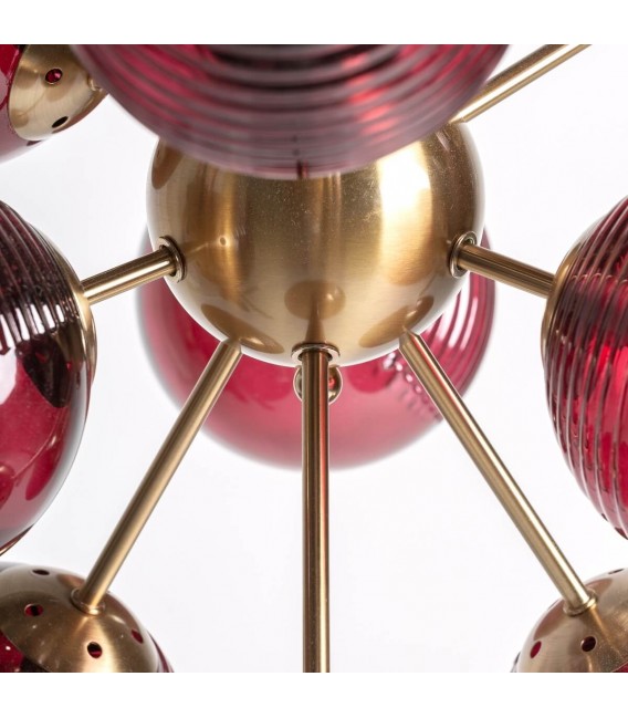 Lampara de techo grande metal dorado con 12  globos cristal rojo mdmhogar