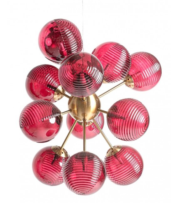 Lampara de techo grande metal dorado con 12  globos cristal rojo mdmhogar