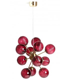 Lampara de techo grande metal dorado con 12  globos cristal rojo mdmhogar