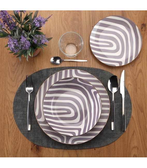 Vajilla 18 piezas blanco y malva porcelana de alta calidad mdmhogar