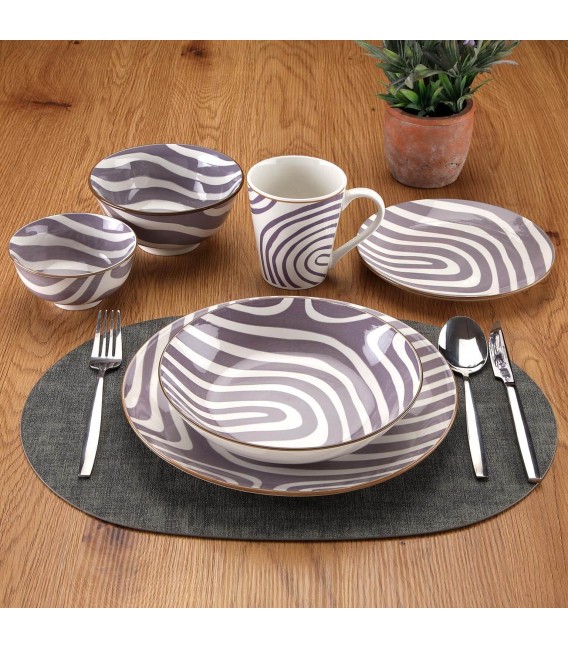 Vajilla 18 piezas blanco y malva porcelana de alta calidad mdmhogar