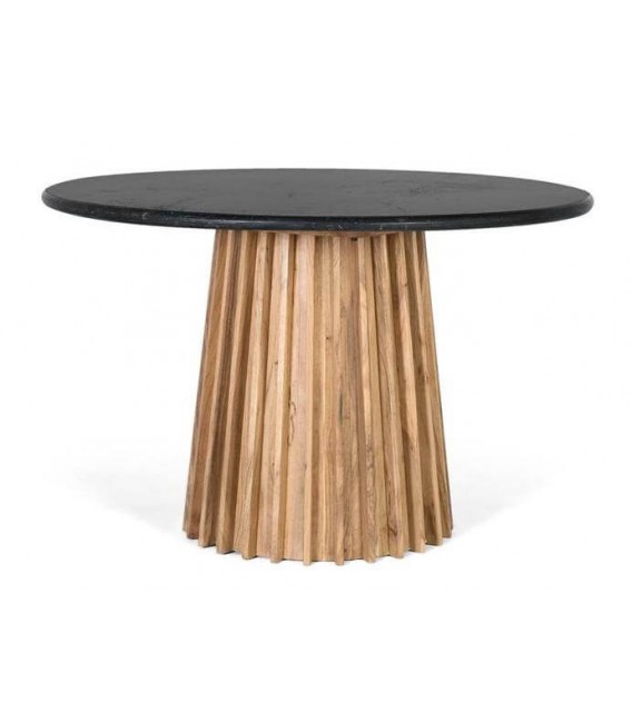 Mesa de comedor redonda base madera de mango tapa en mármol negro mdmhogar